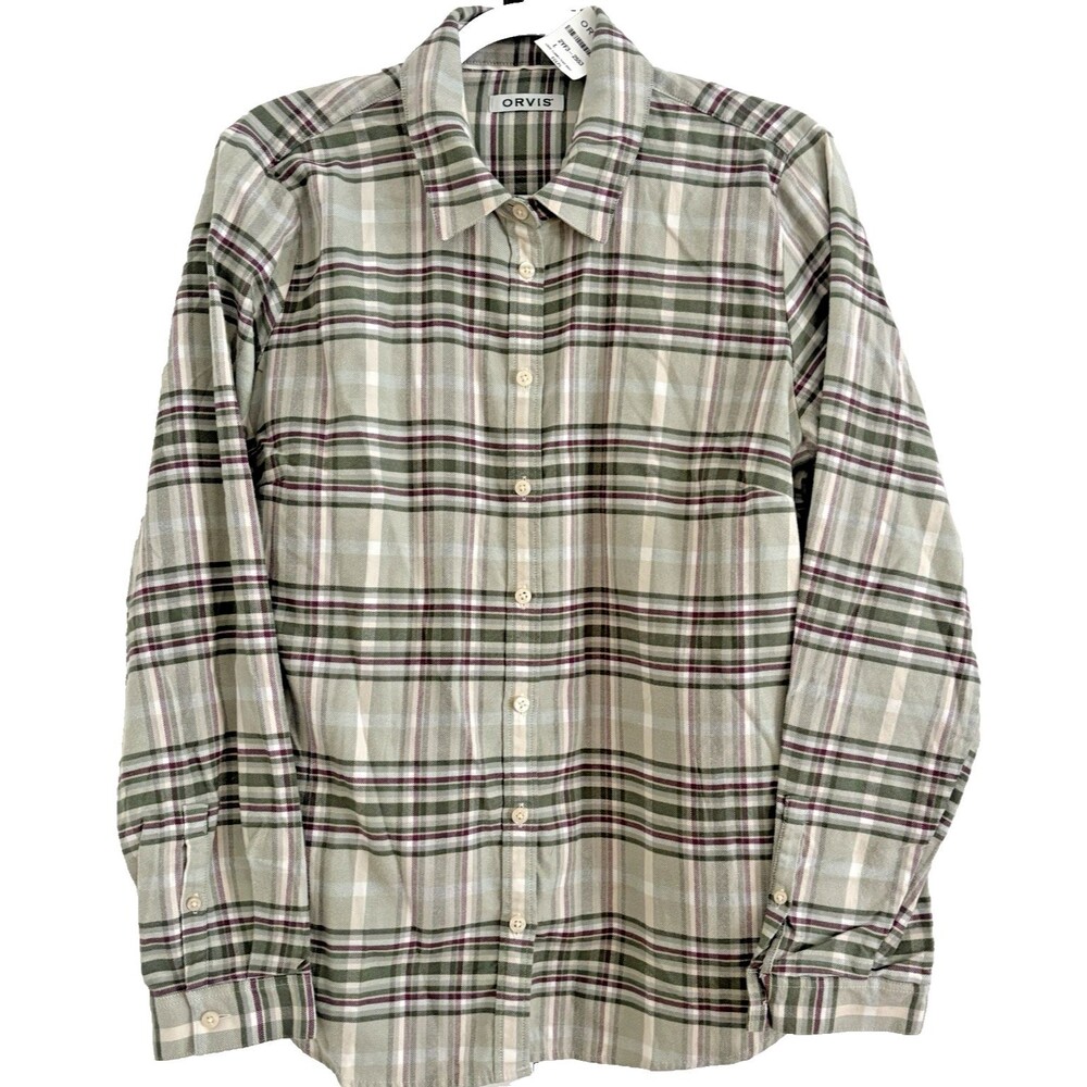 Orvis Womens Shirt Size Large Flannel Plaid Cotton Button Down Green Purple NWT